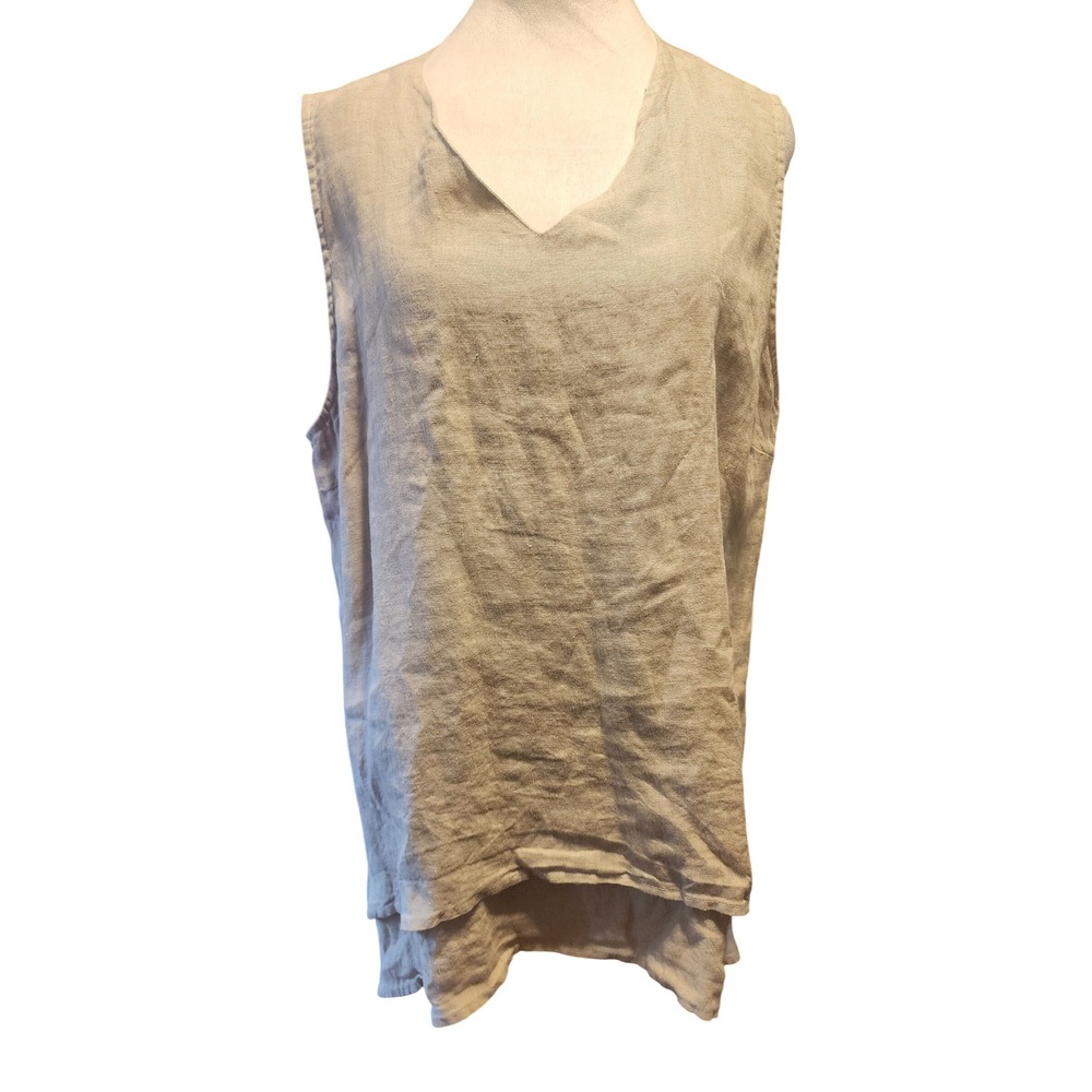 Flaxsun Womens Beige 100% Linen V-Neck Layered Tank Top Size M Lagenlook